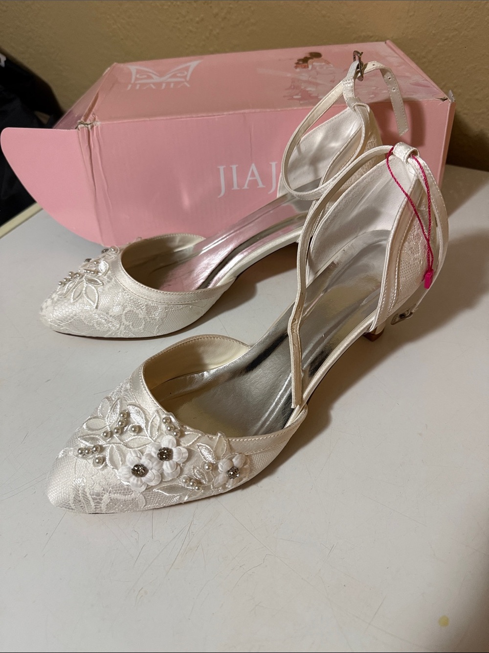 Ivory Lace Floral Embellished Ankle-Strap Heels